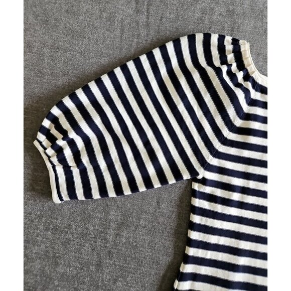 Eliza J Dress M Navy White Striped SS Bodycon Reverse Knit Midi Stretch Nautical - Picture 7 of 13